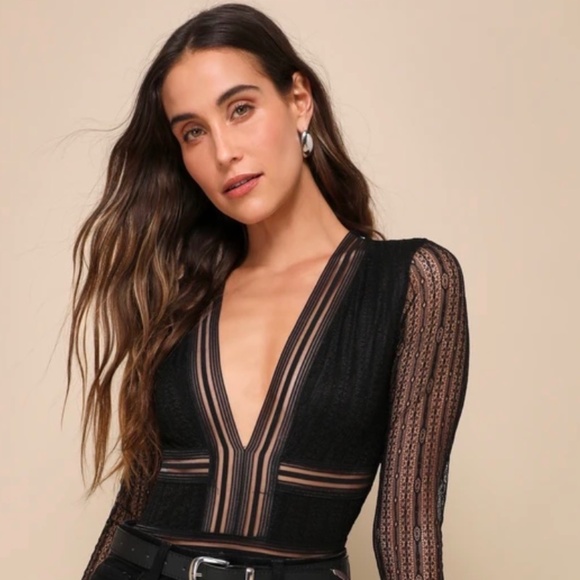 Lulus Casita Black Sheer Lace Long Sleeve Bodysuit NEW NWT V-Neck Stretch Medium - Picture 2 of 11